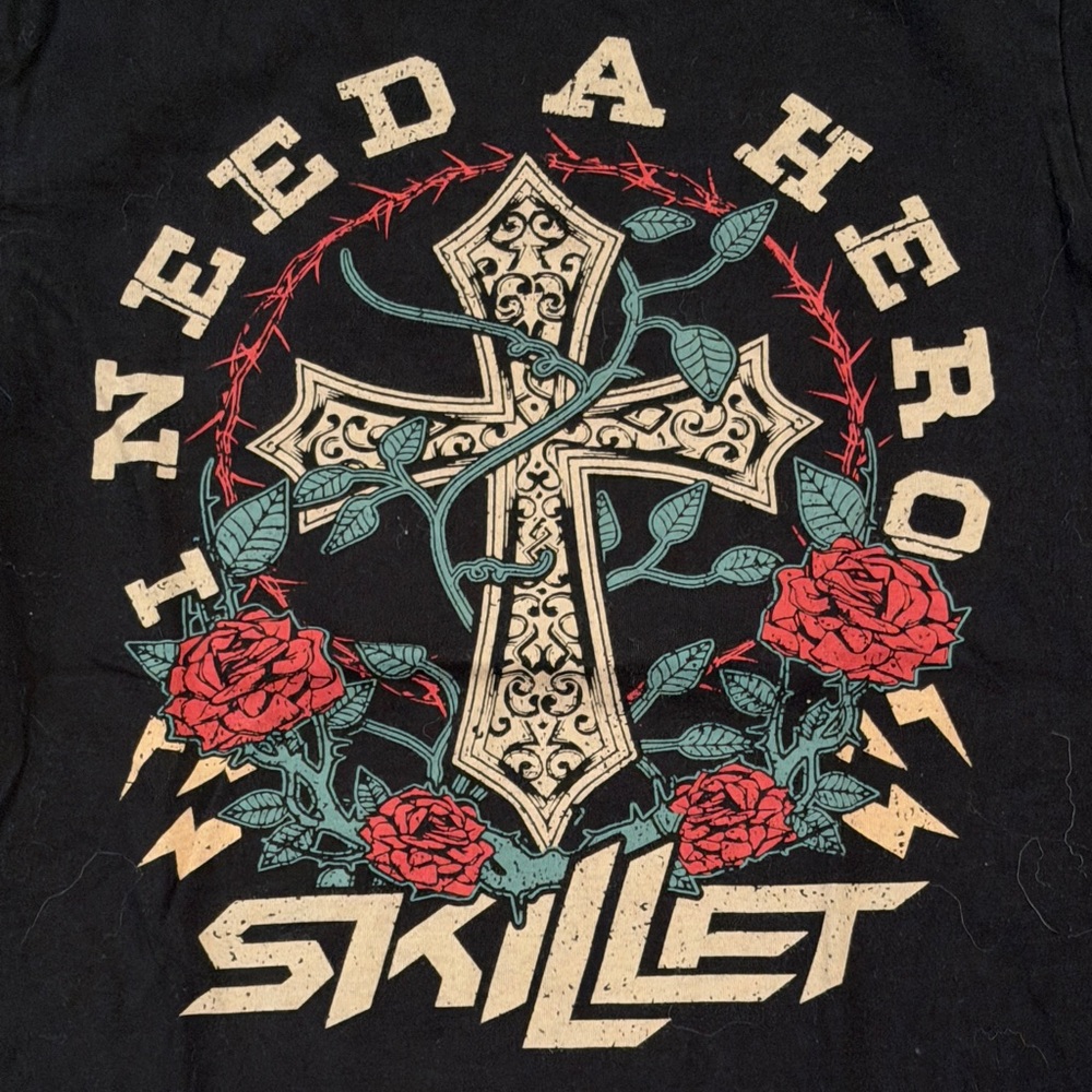 Skillet Band Tee with Cross & Roses - Black/Red/Teal vintage band t-shirt